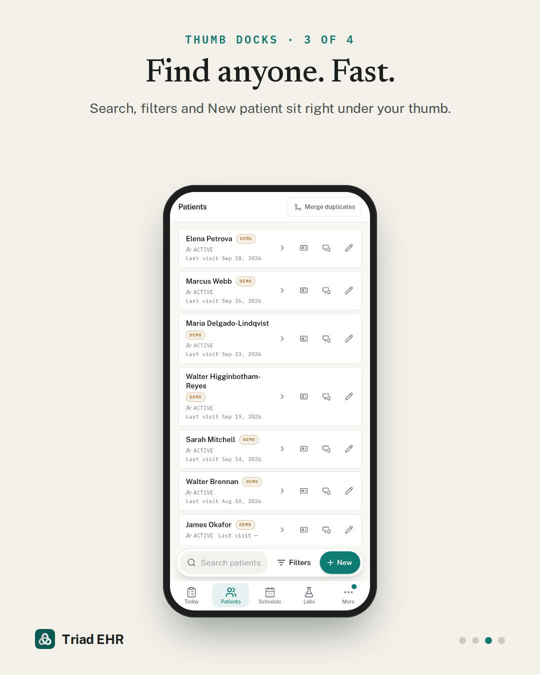 Phone screen of the Triad patient list with demo patients tagged DEMO, and Search patients, Filters and a New button docked at the bottom.